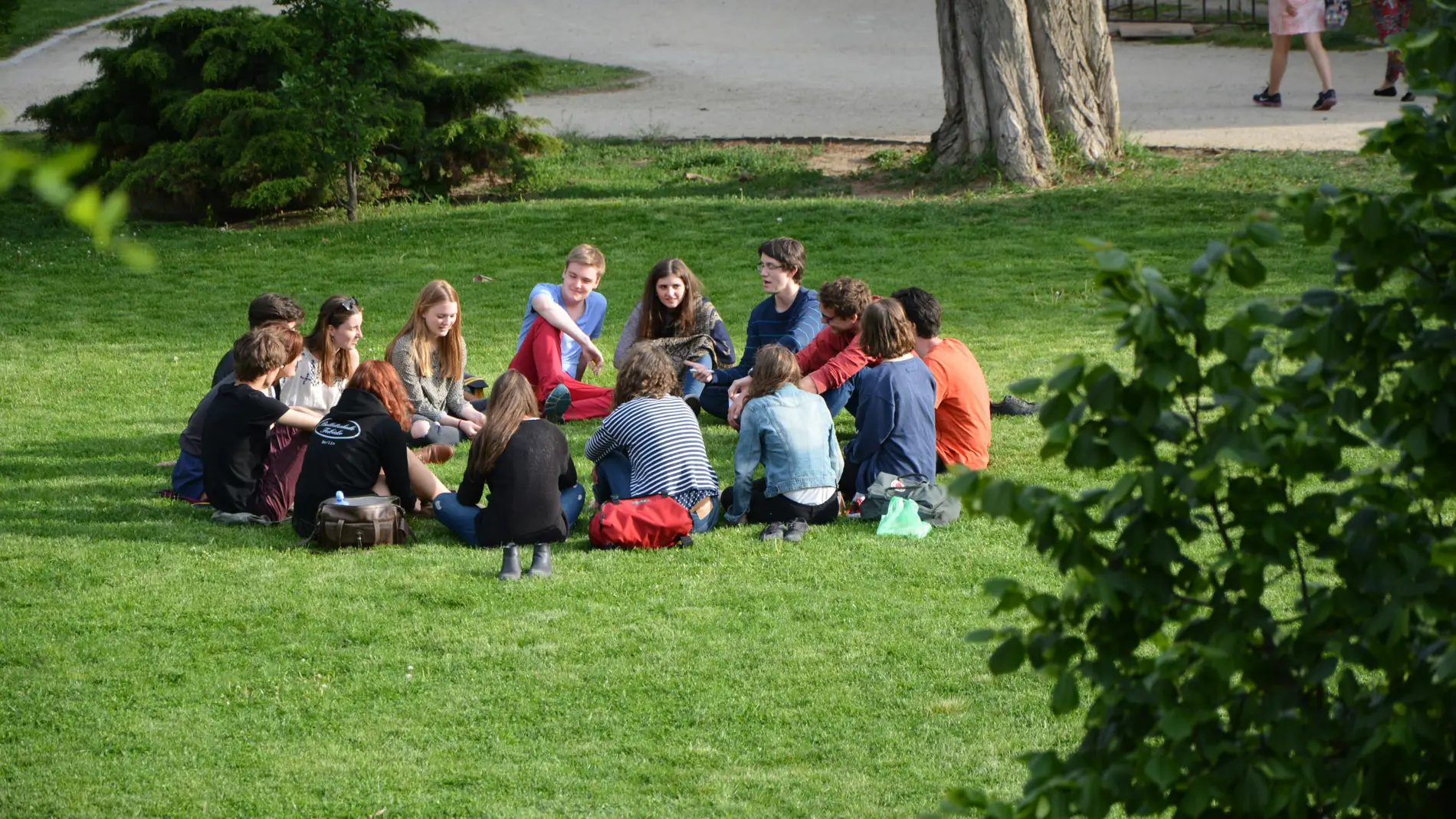 En gruppe unge mennesker sidder sammen i rundkreds i en park